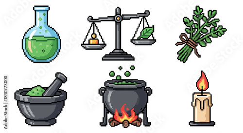 Pixel art alchemy and magic icons set featuring a bubbling cauldron, potion flask, balance scales, mortar and pestle, herbs, and a lit candle for a fantasy game