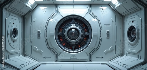 Fototapeta Naklejka Na Ścianę i Meble -  Futuristic spaceship interior with detailed control panel. Orange lights glow from central device. Metallic surfaces create abstract tech background for science fiction scenes. Advanced space station.