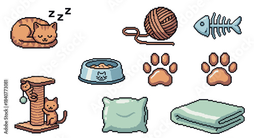 Set of pixel art cat icons and accessories featuring a sleeping kitten, food bowl, yarn, scratching post, and paw prints in a retro 8-bit video game style