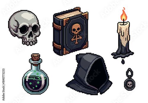 Pixel art set of necromancer items including a human skull, magic spellbook, potion bottle, burning candle, dark hood, and amulet for a fantasy role-playing game