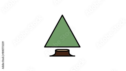 Stylized green triangular tree top with a brown tree stump at its base isolated on white background