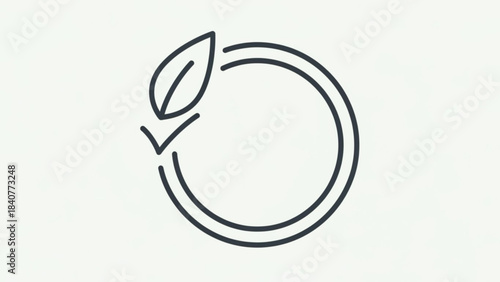A simple line art icon representing a circular arrow with a leaf and a checkmark indicating a sustainable and eco friendly process or cycle isolated on white background