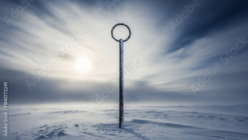 A solitary frozen metal post with a circular top stands in a desolate snowy landscape under a dramatic cloudy sky and bright sun isolated on white background