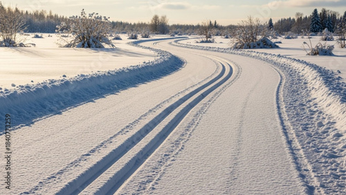 Winding cross country ski tracks through a snow covered field with trees in the distance on a bright winter day isolated on white background