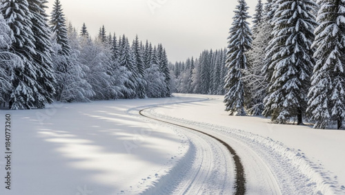 Winding snow covered road through a dense pine forest on a bright winter day with sunlight casting shadows on the pristine white snow isolated on white background