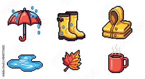 Set of six pixel art autumn icons including an umbrella, rain boots, a raincoat, a puddle, a maple leaf, and a hot drink, representing a cozy rainy day