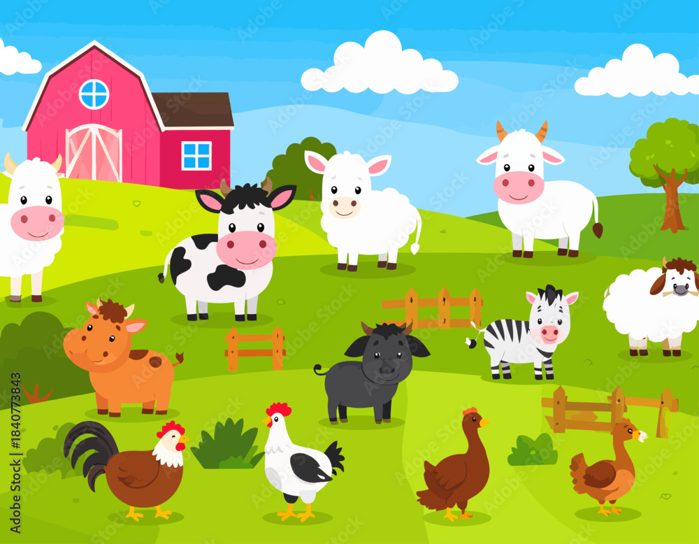 Naklejka premium Cartoon Farm Animals on a Green Pasture with a Red Barn Illustration