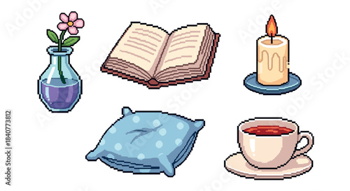 Charming pixel art icon set of cozy household objects including a book, candle, tea, pillow, and flower in a vase, rendered in a cute retro 8-bit video game style