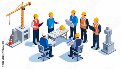 Construction team meeting with blueprints and laptop, isometric illustration of engineers planning a building project with a crane.