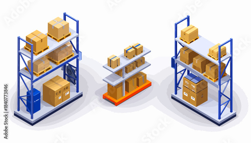 Isometric 3D render of a modern warehouse featuring storage racks, cardboard boxes on pallets, and an automated mobile robot for smart logistics and inventory.