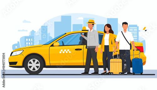 Taxi driver assisting passengers with luggage at a yellow cab on a city street for urban travel.