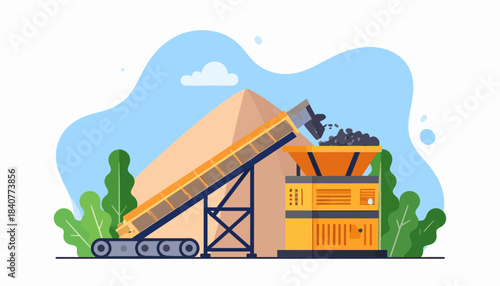 Conveyor Belt Transporting Raw Materials to Crushing Machine in Industrial Processing Plant