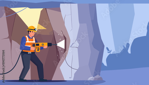 Male miner operating a rock drilling machine at a mine entrance with a large dump truck inside.