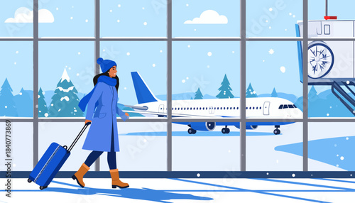 Woman with luggage in airport terminal looking at snowy runway with airplane and Christmas tree during winter.