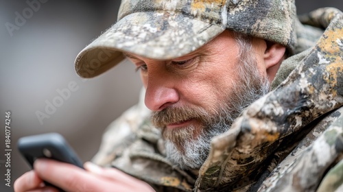 Camouflage Man Using Smartphone with Focus Outdoors