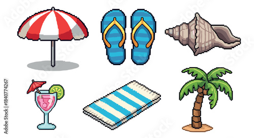 Pixel art set of summer beach items including an umbrella, flip-flops, seashell, cocktail, towel, and palm tree in a retro 8-bit video game style