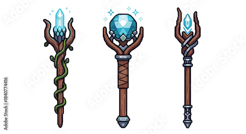 Three magical fantasy wizard staffs with glowing blue crystals, crafted from wood and vines in a detailed pixel art style, representing a collection of powerful game assets