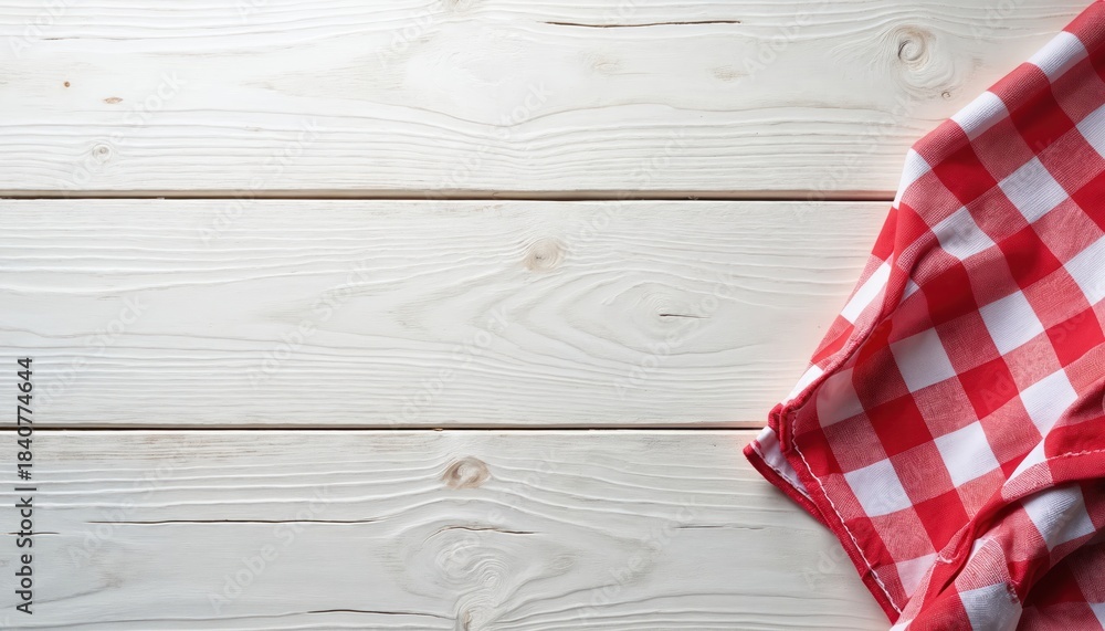 Fototapeta premium Red checkered cloth lies on white wooden planks. Empty space for text or food. Rustic background for cooking or picnic themes. Simple farmhouse style surface.