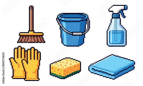 Pixel art set of cleaning supplies including a brush, bucket, spray bottle, gloves, sponge, and cloth, rendered in a retro 8-bit video game style illustration