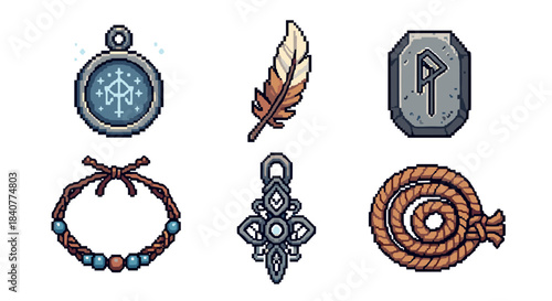 Six pixel art fantasy RPG inventory icons featuring a magic compass, a bird feather, a stone rune, a woven bracelet, a silver amulet, and a coil of rope in a retro style