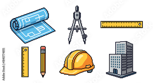 Pixel art set of construction and architecture icons including a blueprint, hard hat, building, compass, and ruler in a retro 8-bit video game style illustration