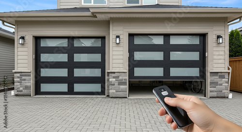 Two-car garage with remote opener in modern home, winter scene, automated door operation