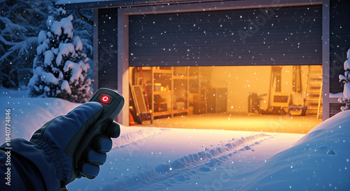 Winter scene of remote garage door opening with gloved hand and warm light inside