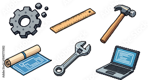 Collection of pixel art engineering tools including a gear, ruler, hammer, blueprint, wrench, and laptop for a retro video game or technology concept