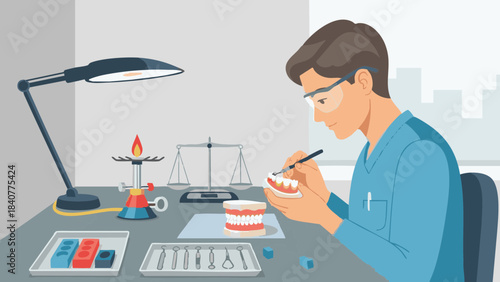 Male dental technician working on dental prosthetics at desk  