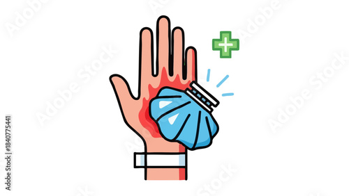 Hand with a cold compress for burn treatment in medical context  