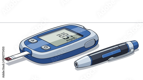 Glucose meter and pen on table representing concept of Medicine  