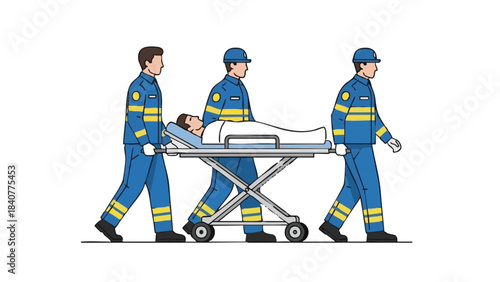 Four paramedics carrying a stretcher with a patient for medical assistance  