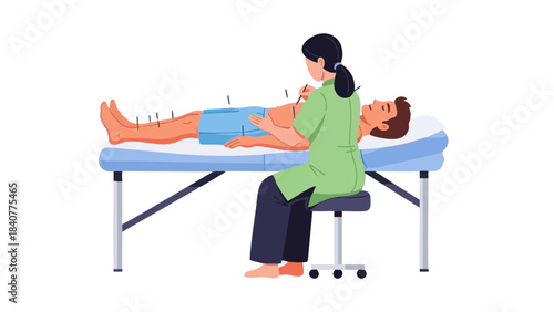 Woman performing acupuncture treatment on a man lying on table  