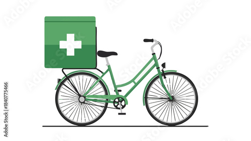 Green delivery bike with medical box for pharmacy transportation  