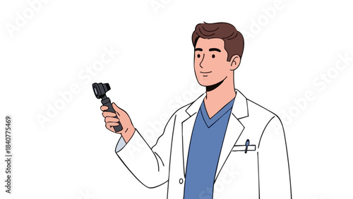 Male doctor holding a dermatoscope in a medical environment  