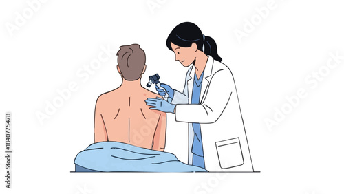Doctor examining mole on man's back in medical clinic setting - Concept of Medicine  