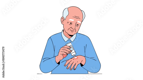 Elderly man applying ointment to skin with focused expression, indoors  