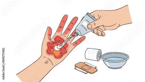 Hand undergoing burn treatment with cream and medical supplies  