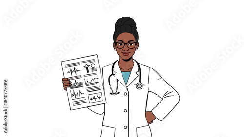 Ethnic woman doctor holding medical chart and smiling in lab coat  