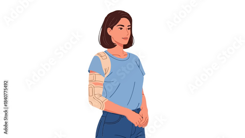 Young woman wearing shoulder brace and looking concerned about recovery  