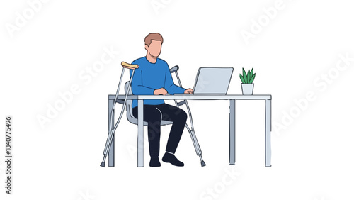 Man using crutches while working at desk on laptop in home office  