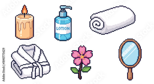 Pixel art collection of spa and beauty items featuring a lit candle, lotion dispenser, rolled towel, bathrobe, pink flower, and a hand mirror in a classic 8-bit aesthetic
