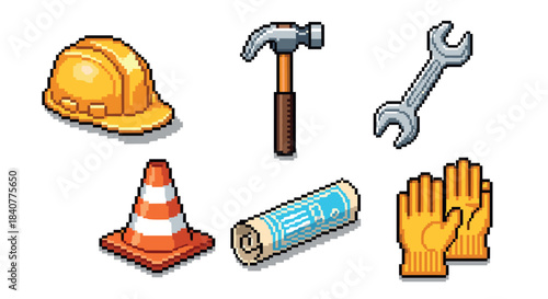 Pixel art set of construction tools and safety equipment including a hard hat, hammer, wrench, traffic cone, blueprint, and gloves in a retro 8-bit video game style