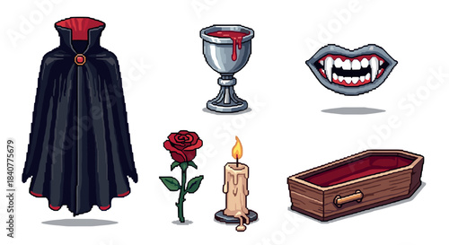 Set of pixel art vampire icons including a cloak, goblet of blood, fangs, rose, candle, and coffin, rendered in a retro 8-bit video game style for Halloween