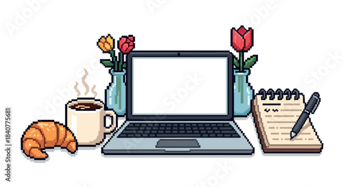 Pixel art laptop with a blank screen on a desk with coffee, a croissant, notepad, and flowers, creating a cozy and productive remote work or study atmosphere