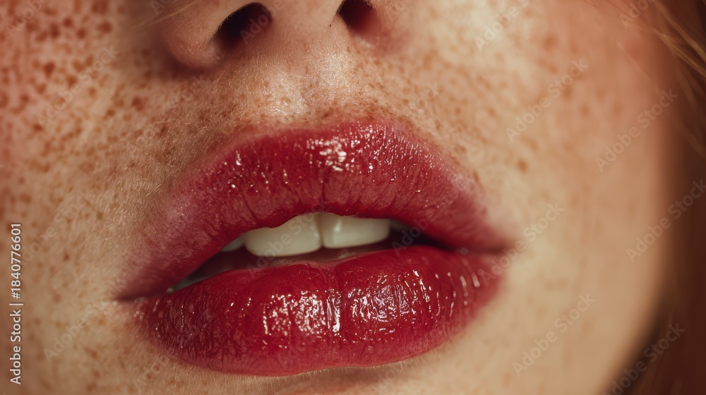 Fototapeta premium A close-up shot of plump, glossy lips painted with a bold red hue, accentuated by delicate freckles, exuding beauty, allure, and a hint of mystique.