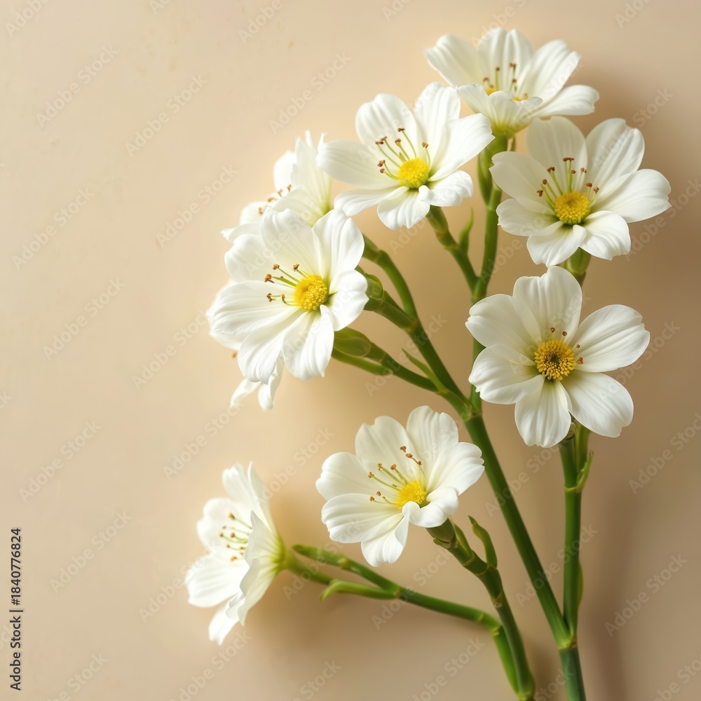 Fototapeta premium White small flowers with yellow centers on green stems. Delicate natural floral arrangement on soft beige backdrop. Botanical detail on pastel background.