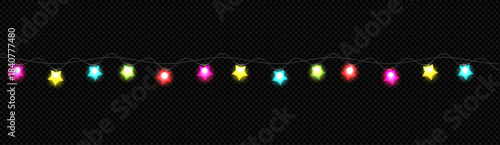 Colorful Star String Lights – Festive Hanging Garland with Glowing Multicolor Stars on dark Background for Holiday Decoration