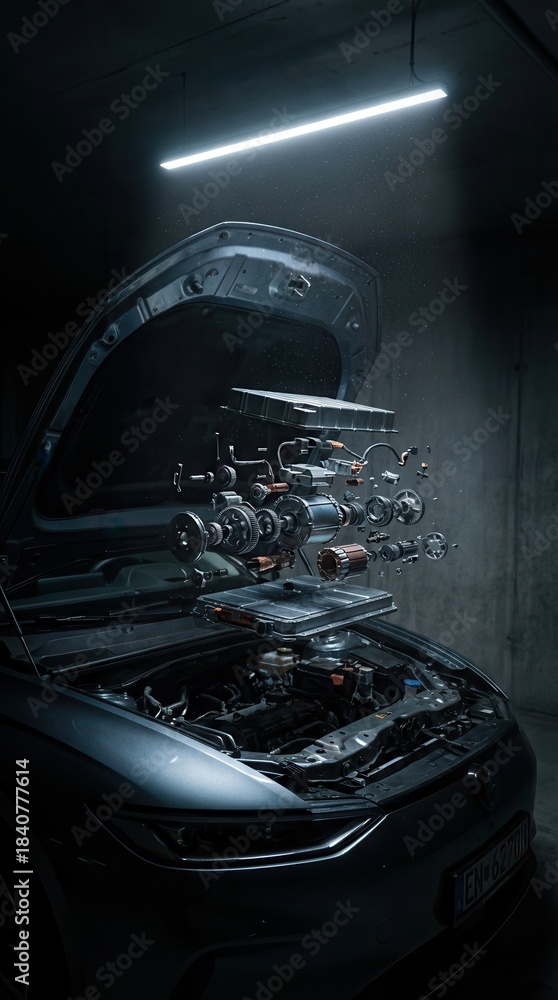 Fototapeta premium Electric vehicle engine components displayed in a conceptual exploded view