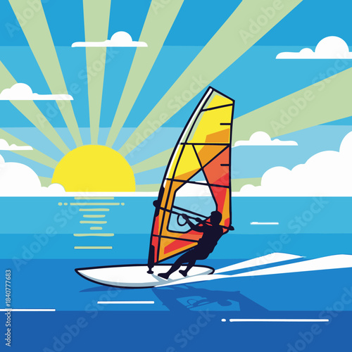summer ocean windsurfing at golden sunrise